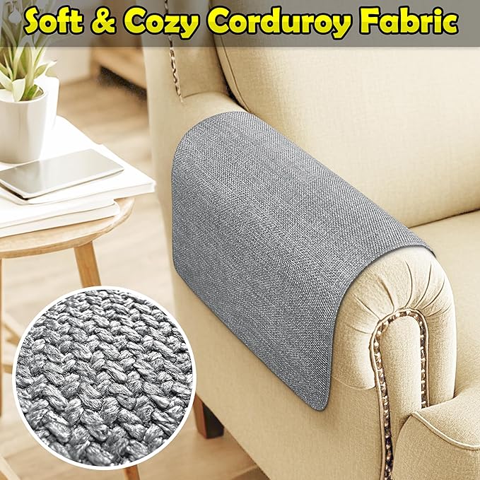 Couch Arm Covers, Waterproof Armrest Cover for Sofa, Armchair, Loveseat, Non-Slip Recliner Arm Cover, Sofa Arm Covers, Headrest Covers, Arm Chair Covers Set of 2 (Gray, 24"×20")