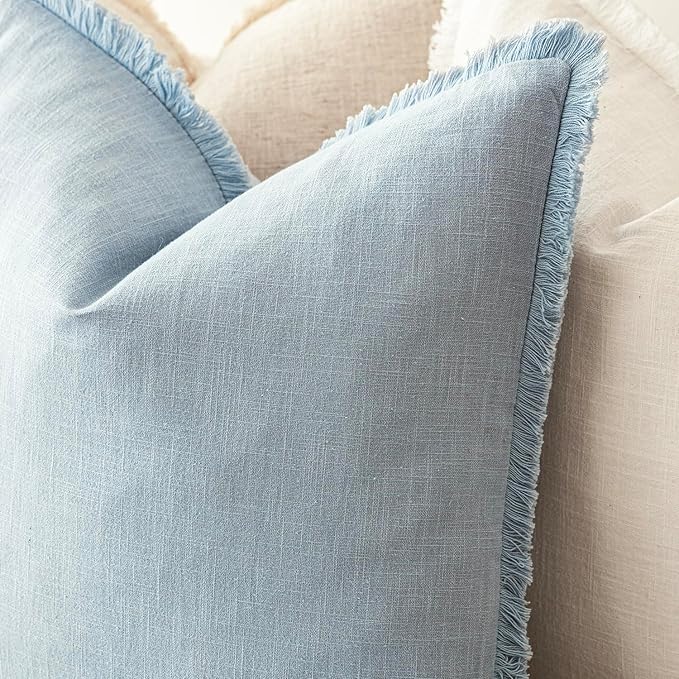 Foindtower Set of 2 Decorative Linen Fringe Throw Pillow Covers Boho Farmhouse Cushion Cover with Tassels Soft Accent Pillowcase for Couch Chair Sofa Bed Living Room Home Decor,18×18 Inch,Sky Blue