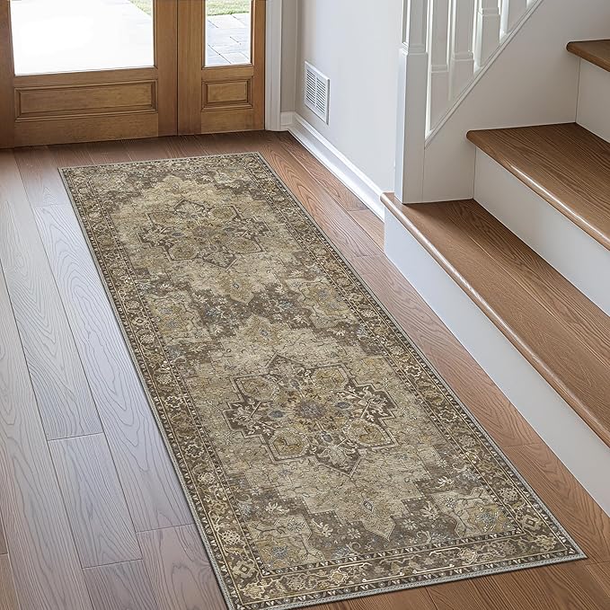GENIMO 2x6 Runner Rugs for Hallway, Machine Washable Non Slip Vintage Rugs, Low Pile Lightweight Soft Print Rug for enrtyway, Corridor, Home Office, Kitchen, Rustic Brown