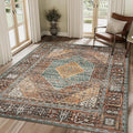 GENIMO 3x5 Area Rugs for Living Room, Machine Washable Non Slip Vintage Rugs, Low Pile Lightweight Chenille Print Rug for Bedroom, Dining Room, Home Office, Vintage Brown/Blue