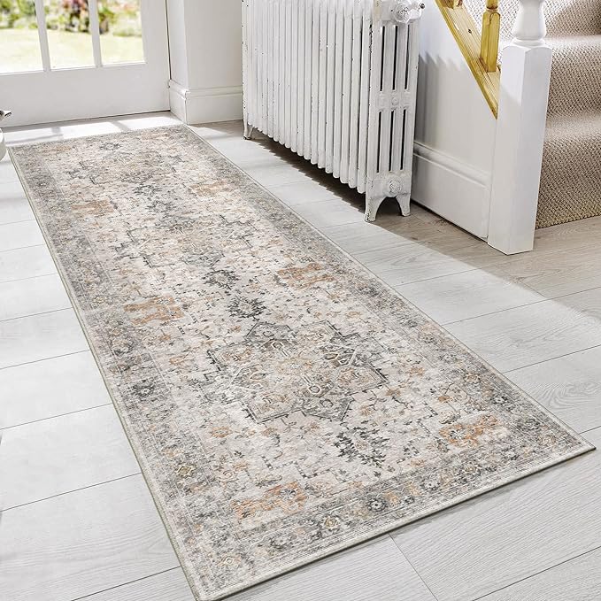 GENIMO Runner Rug 2x6 Non Slip Machine Washable Vintage Hallway Runner Rug, Low PileLightweight Rugs for Entryway, Hallway, Kitchen and Corridor, Light Taupe Brown
