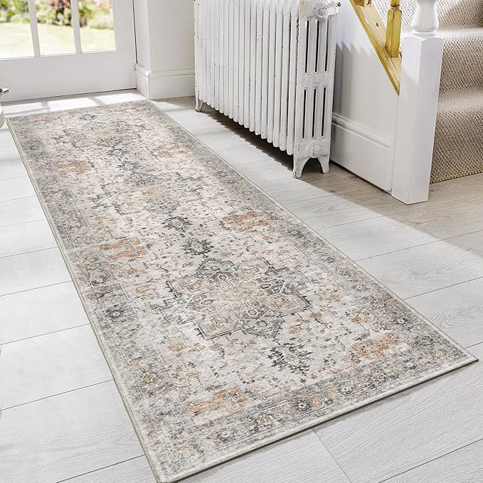 GENIMO Runner Rug 3x7, Non Slip Vintage Hallway Runner Rugs, Low Pile Lightweight Machine Washable Mat for Hallway, Entryway, Bedroom, Kitchen and Corridor, Light Taupe Brown