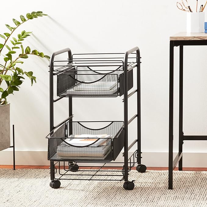 Safco 5215BL Onyx Mesh Open File Cart with 2 Storage Drawers, Black