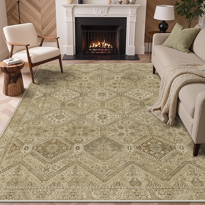 GENIMO 3x5 Area Rugs for Living Room, Machine Washable Non Slip Vintage Rugs, Low Pile Lightweight Print Rug for Bedroom, Dining Room, Home Office, Tan Brown