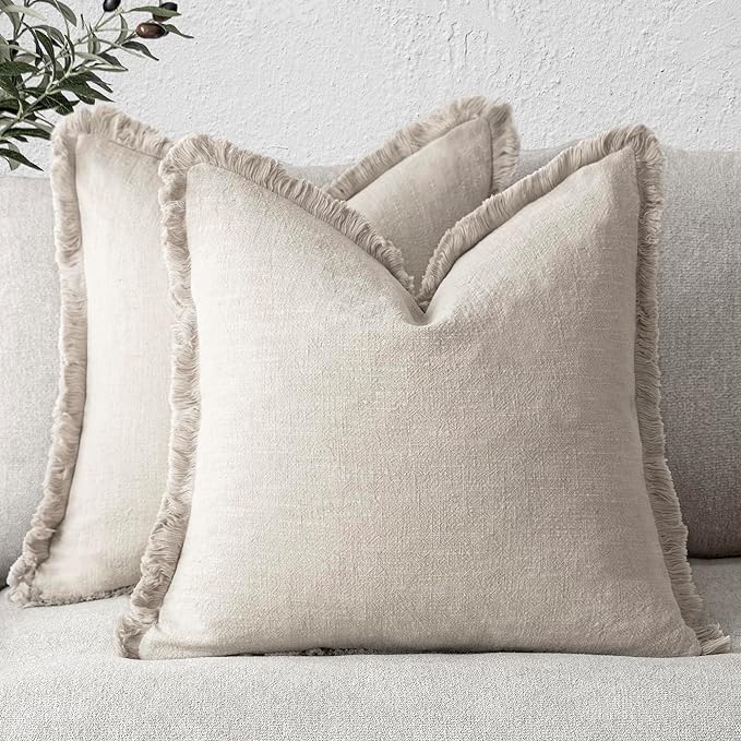 Foindtower Set of 2 Decorative Linen Fringe Throw Pillow Covers Cozy Boho Farmhouse Cushion Cover with Tassels Soft Accent Pillowcase for Couch Sofa Living Room Home Decor, 26×26 Inch, Natural Beige
