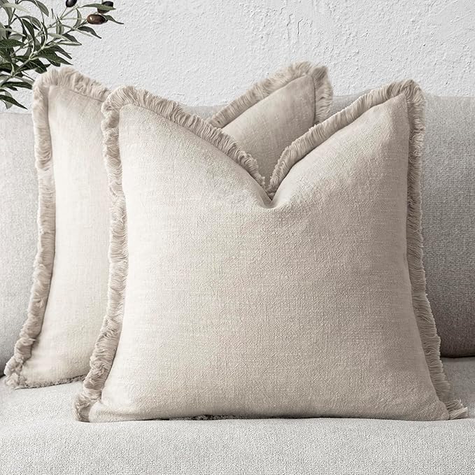 Foindtower Set of 2 Decorative Linen Fringe Throw Pillow Covers Cozy Boho Farmhouse Cushion Cover with Tassels Soft Accent Pillowcase for Couch Sofa Bed Living Room Home Decor, 24×24 Inch, Beige