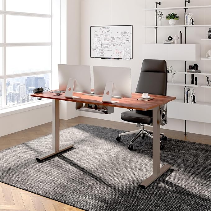 FLEXISPOT EN2 Whole-Piece Standing Desk with Clamp Power Strip, 55 x 28” Electric Stand Up Height Adjustable Desk with Cable Management (Gray Frame + 55" Mahogany Top, 2 Packages)