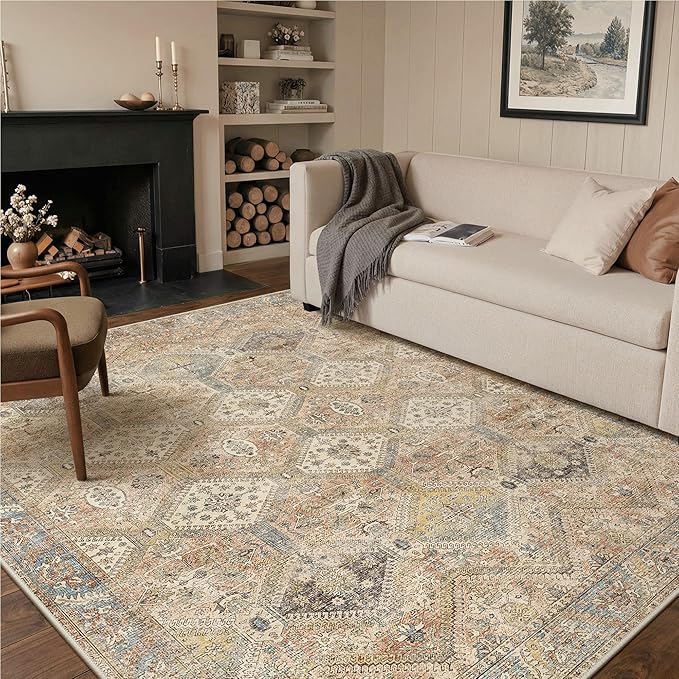 GENIMO 9x12 Area Rugs for Living Room, Machine Washable Non Slip Vintage Rugs, Low Pile Lightweight Print Rug for Bedroom, Dining Room, Home Office, Warm Brown