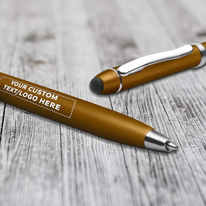 DISCOUNT PROMOS Custom Twist Action Plastic Stylus Pens, Set of 100, Personalized Bulk Pack - Pens for Work, Cool Pens for Writing, Black Ink - Gold