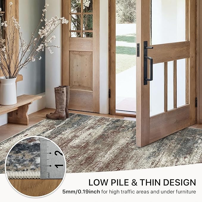 GENIMO 8x10 Area Rugs, Machine Washable Rugs for Living Room Low Pile, Modern Gray Rug with Non-Slip Rubber Backing, Soft Pet Friendly Carpet for Bedroom, Dining Room, Office, Mystic Forest