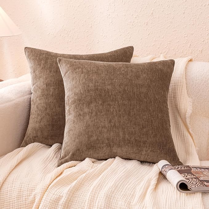 Amazon Basics Chenille Throw Pillow Covers, Home Decor Cushion Cover for Bedroom Living Room Couch Bed, 22" W × 22" L, Brown