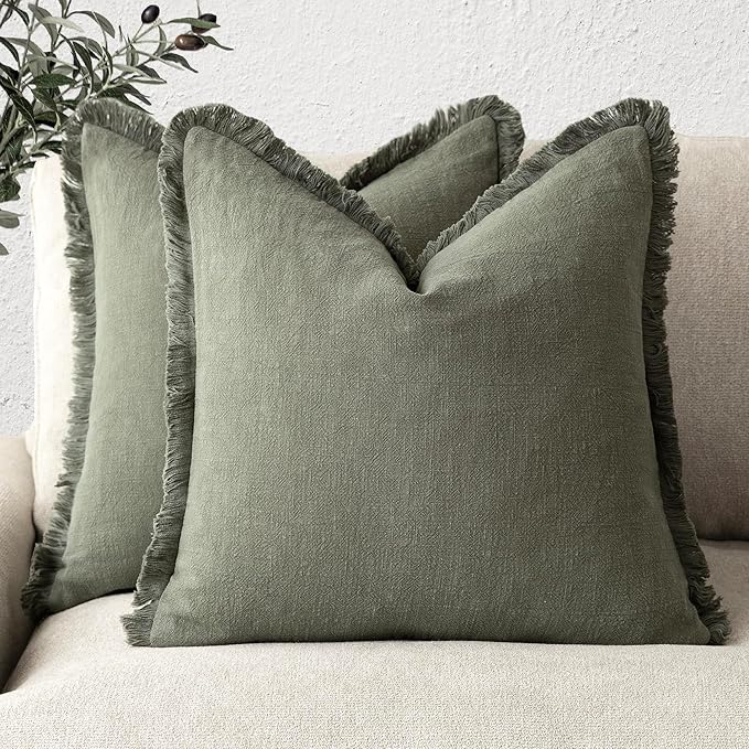 Foindtower Set of 2 Decorative Linen Fringe Throw Pillow Covers Cozy Farmhouse Boho Cushion Cover with Tassels Soft Accent Pillowcase for Couch Sofa Bed Living Room Home Decor 20×20 Inch Olive Green
