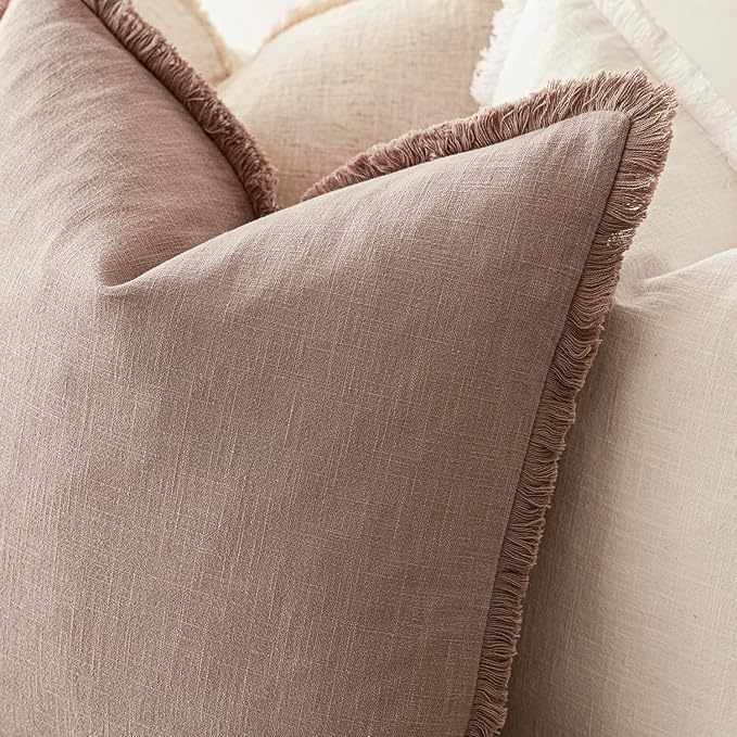 Foindtower Set of 2 Decorative Linen Fringe Lumbar Throw Pillow Covers Farmhouse Cushion Cover with Tassels Soft Accent Pillowcase for Couch Sofa Bed Living Room Home Decor,12×24 Inch,Dusty Pink