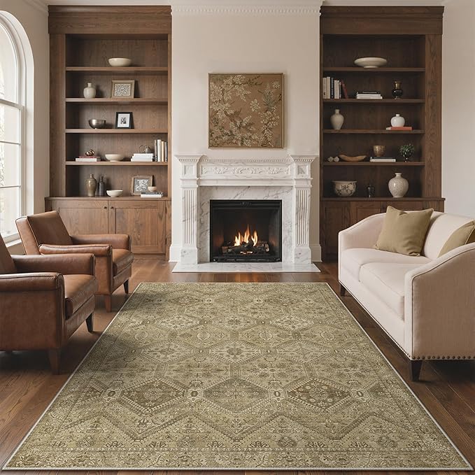 GENIMO 8x10 Area Rugs for Living Room, Machine Washable Non Slip Vintage Rugs, Low Pile Lightweight Print Rug for Bedroom, Dining Room, Home Office, Tan Brown