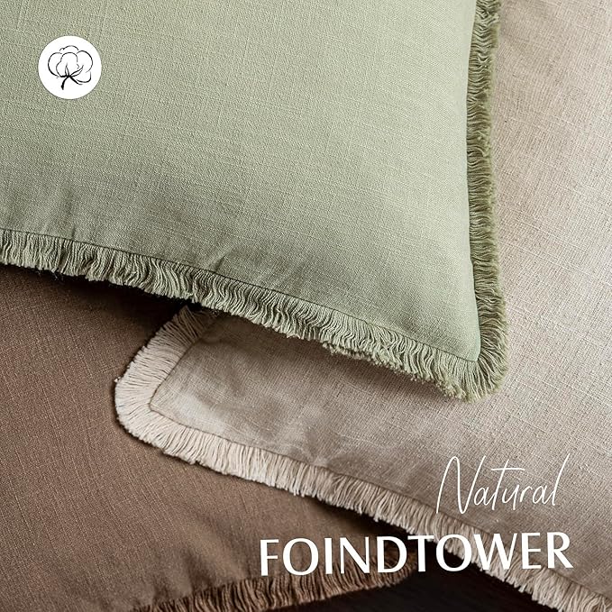 Foindtower Set of 2 Decorative Linen Fringe Throw Pillow Covers Farmhouse Cushion Cover with Tassels Lumbar Accent Pillowcase for Couch Bed Living Room Home Bedroom Decor,12×24 Inch,Light Sage Green
