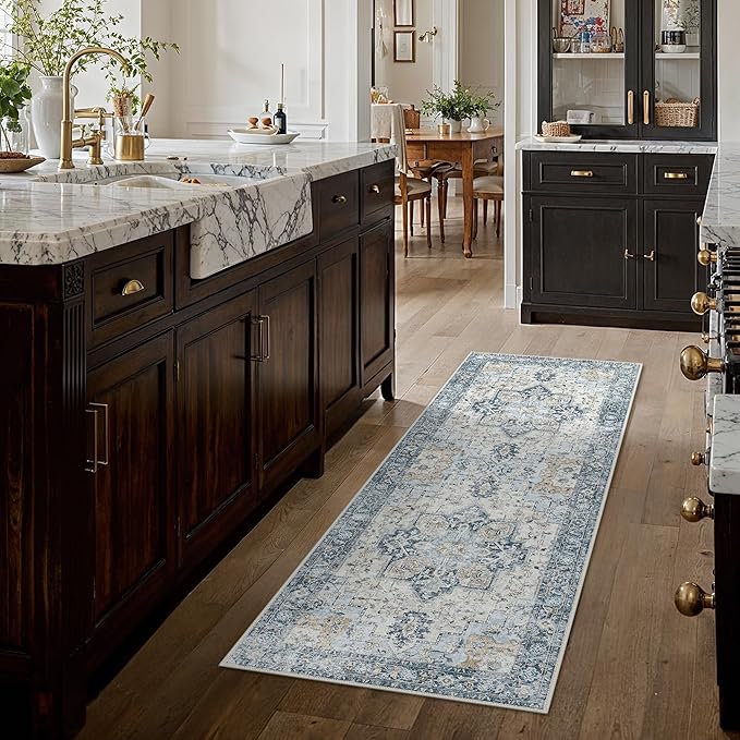 GENIMO Runner Rug 2x6, Machine Washable Runners, Non Slip Vintage Hallway Runner Rugs, Low Pile Lightweight Mat for Entryway, Hallway, Kitchen and Corridor, Blue