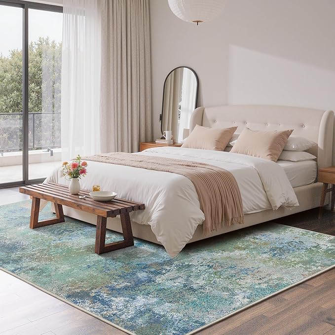 GENIMO Washable Rugs 4x6 Area Rugs for Living Room Bedroom, Modern Lightweight Rug Ultra Soft Indoor Area Rugs 4x6 for Dining Room, Low Pile Carpet with Non Slip Backing, Blue Green