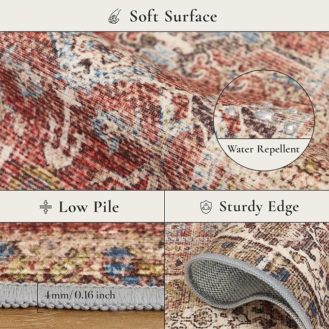 GENIMO 9x12 Area Rugs for Living Room, Machine Washable Non Slip Vintage Rugs, Low Pile Lightweight Chenille Print Rug for Bedroom, Dining Room, Home Office, Mocha Brick