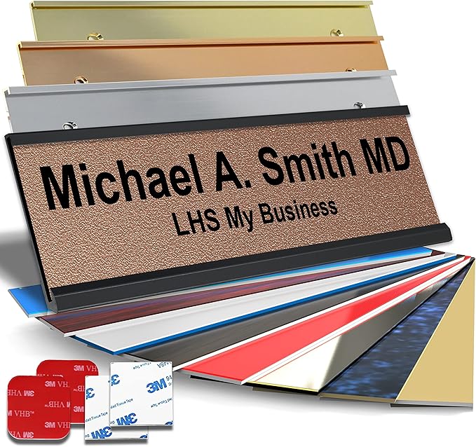 Personalized Name Plate with Choice of Mounting Holders for Walls, Doors, Cubicles, Hanging and More - Custom Textured Copper Plastic Black Letters - USA Made 2x6 - M2