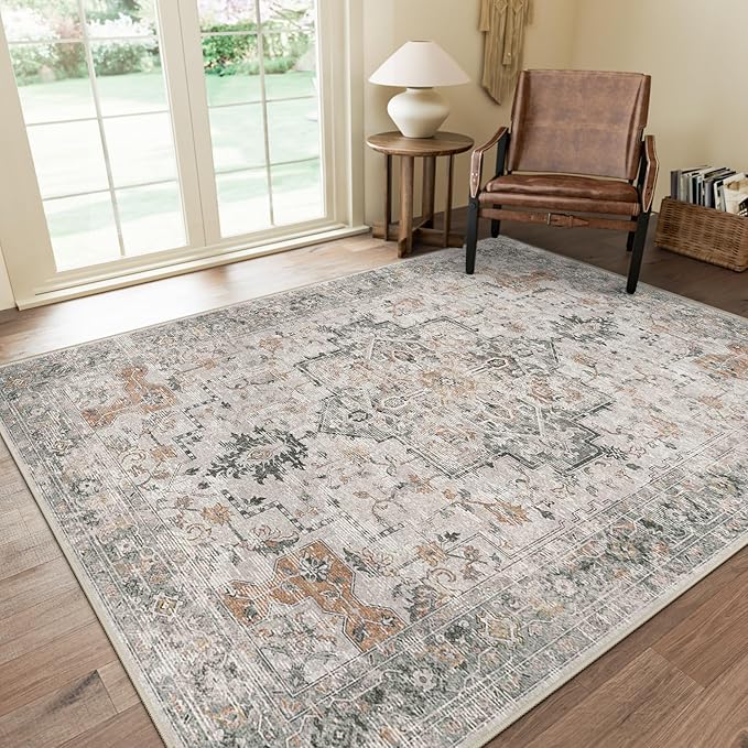 GENIMO 10x12 Area Rugs for Living Room, Non Slip Machine Washable Vintage Rugs, Low Pile Lightweight Chenille Print Large Rug for Bedroom, Dining Room, Home Office, Light Taupe Brown