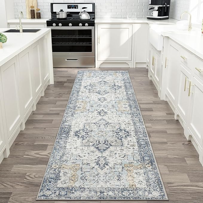 GENIMO Runner Rug 2'6"x6, Non Slip Vintage Hallway Runner Rugs, Low Pile Lightweight Machine Washable Mat for Hallway, Entryway, Bedroom, Kitchen and Corridor, Blue