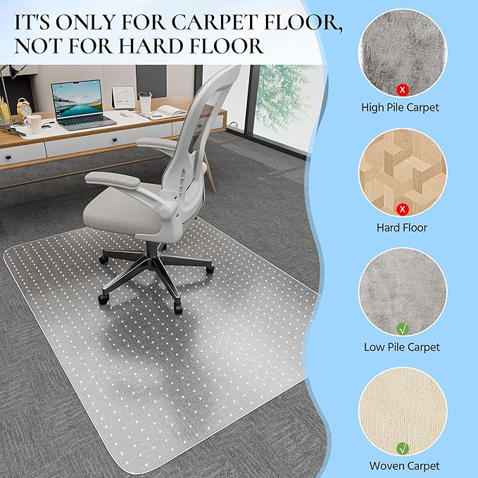 HOMEK Office Chair Mat for Carpet, 53" x 45" Studded Desk Chair Mat for Low Pile Carpeted Floors, Transparent Carpet Protector Mat for Office Chairs
