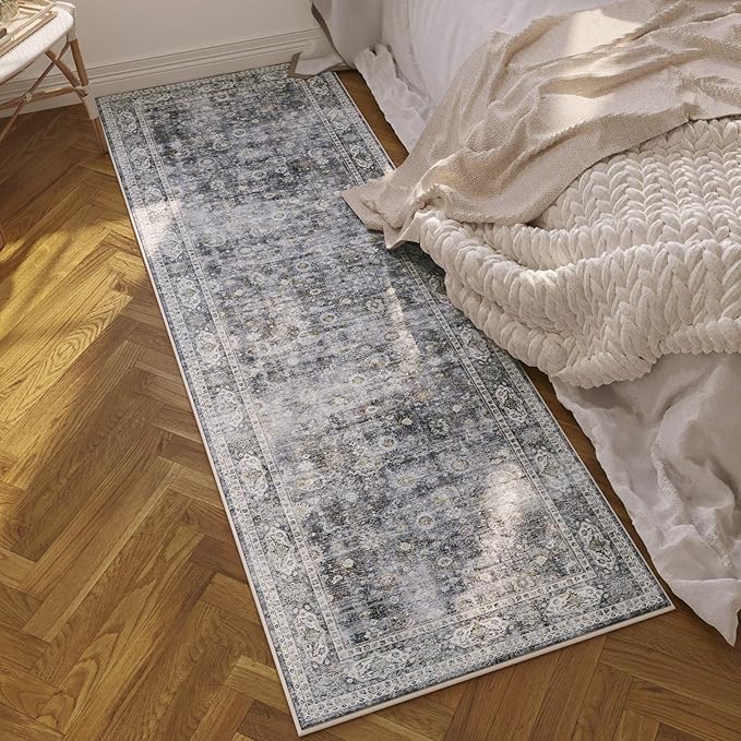 Rugcomf Washable Kitchen Runner 2'7"x12' - Long Hallway Runner Rug Non Slip, Boho Carpet for Hallways, Entryway, Hall, Bathroom - Grey