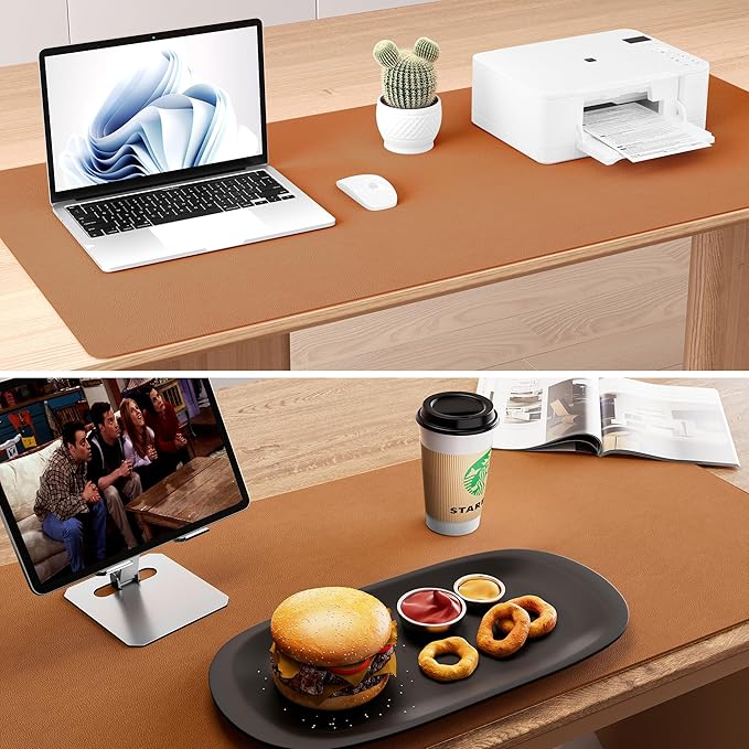 Aothia Double-Sided Desk Pad, 35.4" x 15.7"Leather Desk Mat, Eco Cork Desk Pad Protector,Large Mouse Pad,Waterproof Desk Blotter for Office/Home(Brown)