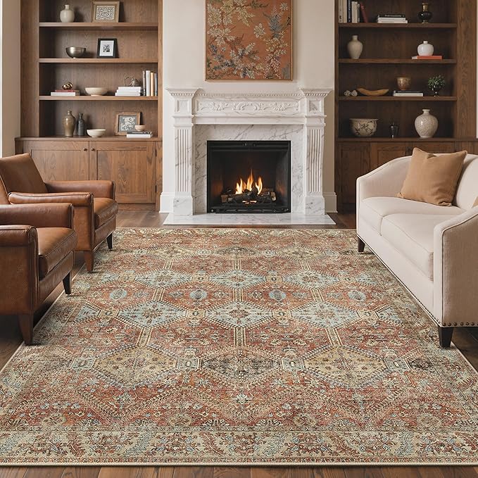 GENIMO 8x10 Area Rugs for Living Room, Machine Washable Non Slip Rugs, Low Pile Lightweight Print Rug for Bedroom, Dining Room, Home Office, Vintage Brick Red