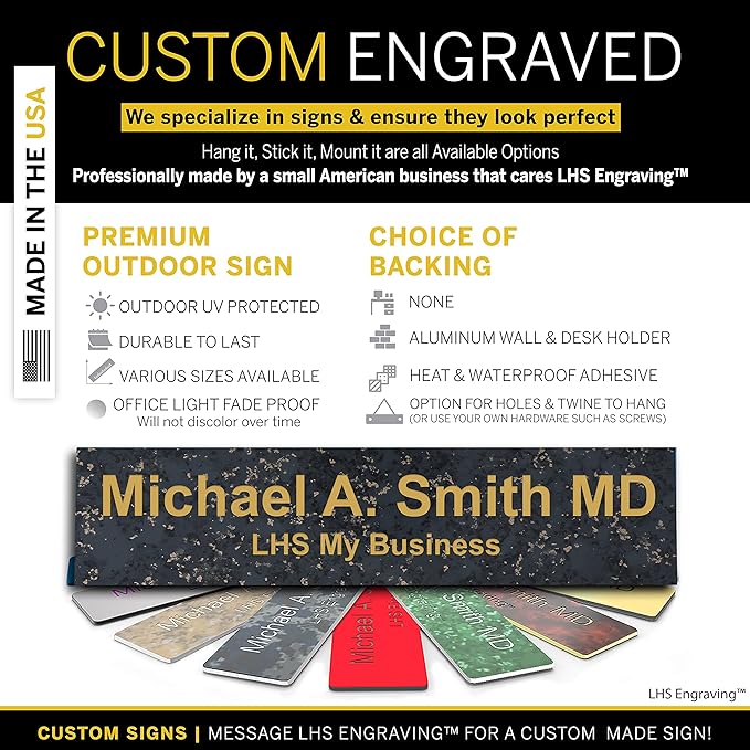Engraved Custom Door Plate Charcoal Marble Pattern Plastic Office Door Sign with Gold Letters - Made in USA 2x8 S6