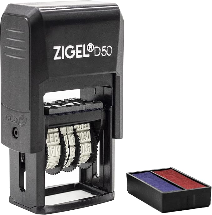 ZIGEL D50 Date Stamp with E-MAILED - Self Inking Date Stamp - Blue/Red