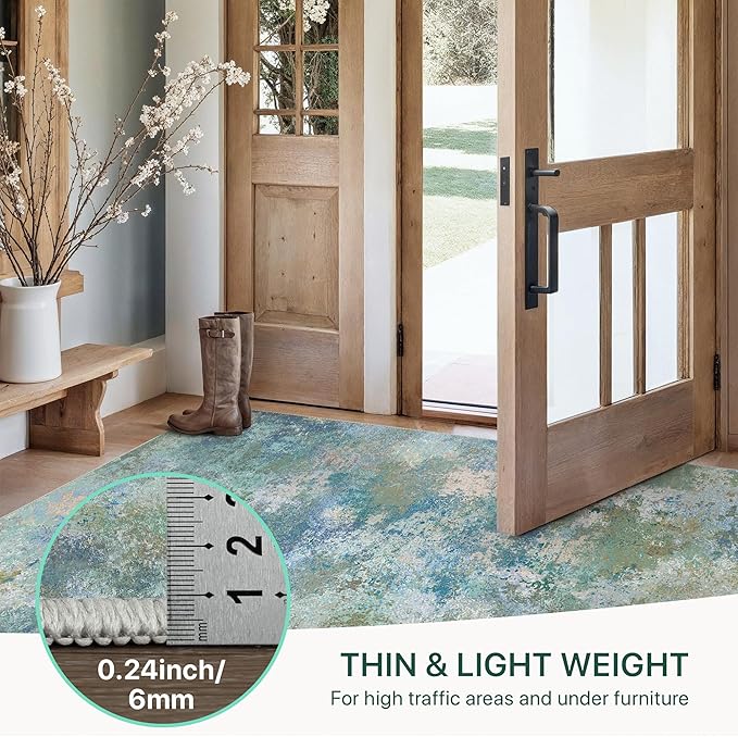 GENIMO Washable Rugs 4x6 Area Rugs for Living Room Bedroom, Modern Lightweight Rug Ultra Soft Indoor Area Rugs 4x6 for Dining Room, Low Pile Carpet with Non Slip Backing, Blue Green