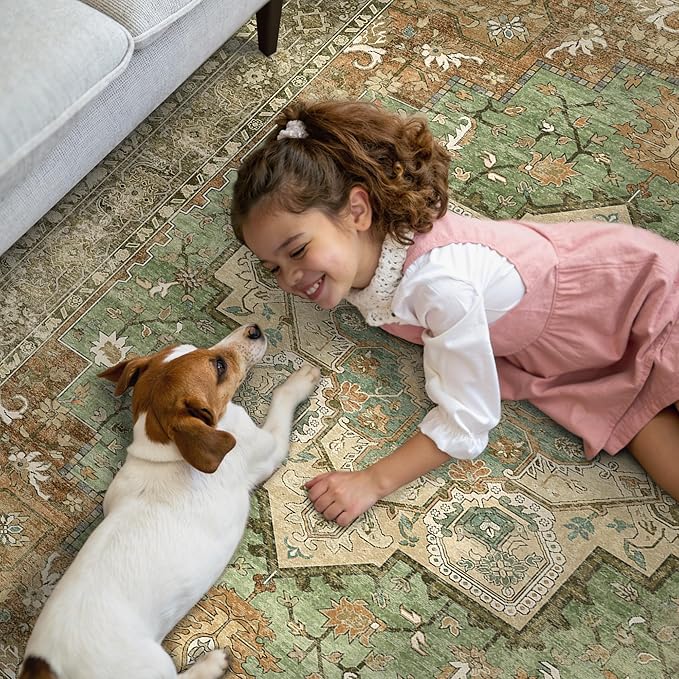 GENIMO 2x5 Runner Rugs for Hallway, Machine Washable Non Slip Vintage Rugs, Low Pile Lightweight Soft Print Rug for enrtyway, Corridor, Home, Office, Kitchen, Muted Green Brown