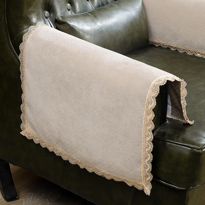 MINJIATEX Couch arm Covers,Non-Slip lace Sofa arm Covers Set of 2 Washable Sofa armrests Cover for Living Room Recliner Chair arm Cover Protectors for Leather armrest (YC-Khaki)