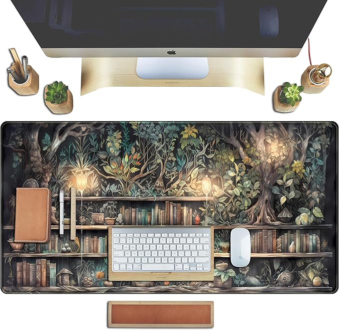 Forest Library Book Mouse Pad Desk Mat, Mystical Green Tree House XXL Extended Large Gaming Desk Pad Mousepad Computer Laptop Keyboard and Mouse Mat, Office Desk Decor Pad for Women 31.5x15.7 in