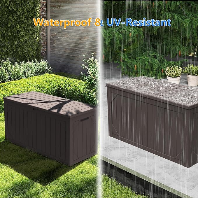 PATIOEASY Outdoor Storage Box 100GAL Waterproof Resin Deck Box,UV-Resistant Lockable Package Delivery Bin for Garden Tools,Large Patio Outside Cushions,Pool Accessories Supplies,Chest,Furniture,Brown