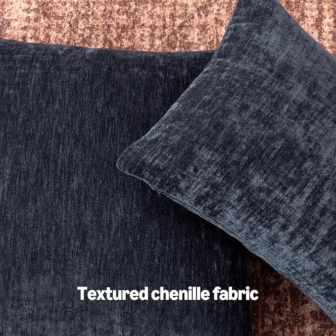 Amazon Basics Chenille Throw Pillow Covers, Home Decor Cushion Cover for Bedroom Living Room Couch Bed, 22" W × 22" L, Navy Blue