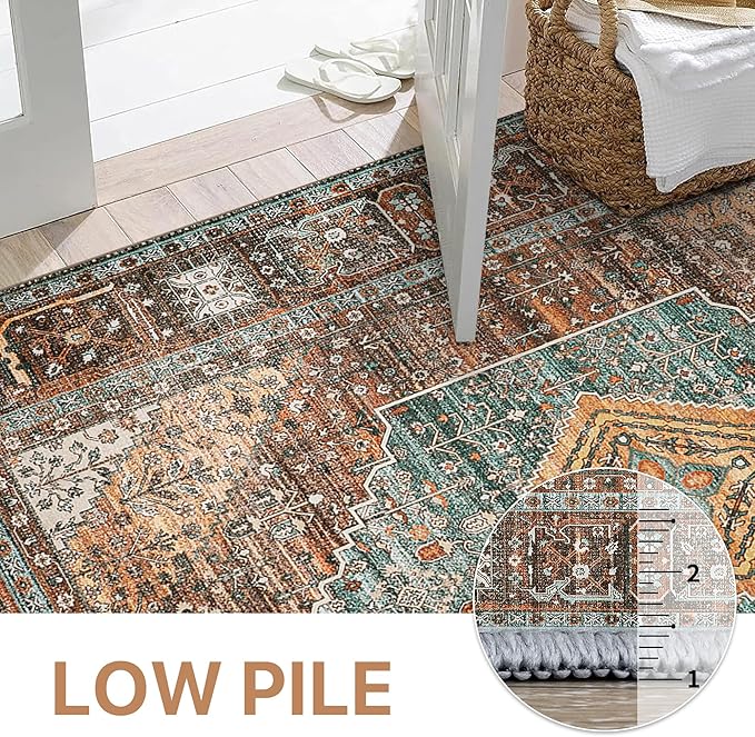 GENIMO 2x5 Runner Rugs for Hallway, Machine Washable Non Slip Vintage Retro Rugs, Low Pile Lightweight Soft Print Rug for enrtyway, Corridor, Home Office, Kitchen, VVintage Brown/Blue