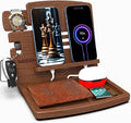 MED Wood Phone Docking Station – Nightstand Desk Organizer for Phone, Watch, Wallet & Tablet – Gift for Men, Husband, Dad & Women – Wooden Charging Stand with Key Holder (Dark Walnut, Model 1)