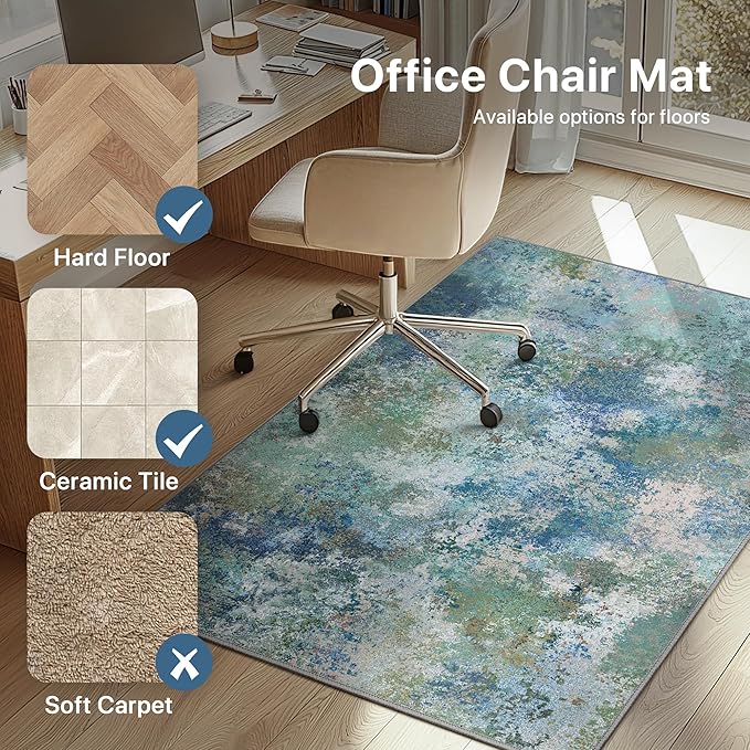 Office Chair Mat for Hardwood Tile Floor, Abstract 48"X 60" Desk Mats for Office Chair on Rolling Chairs Carpet, Desk Anti-Slip 1/5" Thick Rug for Computer Chair, Thin Low-Pile Floor Mat, Blue Green