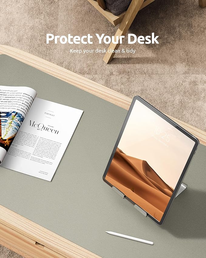 YSAGi Leather Desk Pad Protector, Office Desk Mat, Large Mouse Pad, Non-Slip PU Leather Desk Blotter, Laptop Desk Pad, Waterproof Desk Writing Pad for Office and Home (Olive Beige, 35.4" x 17")