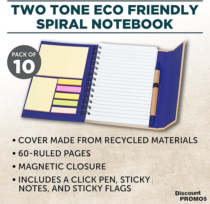 DISCOUNT PROMOS Custom Eco Friendly Spiral Notebooks with Pens Set of 10, Personalized Bulk Pack - Perfect for School, Office, Home - Blue
