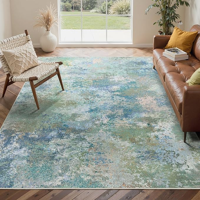 GENIMO 3x5 Rugs for Entryway Entrance, Modern Lightweight Rug Ultra Soft Indoor Area Rugs 3x5 for Living Room Bedroom Kitchen, Low Pile Carpet with Non Slip Backing, Blue Green