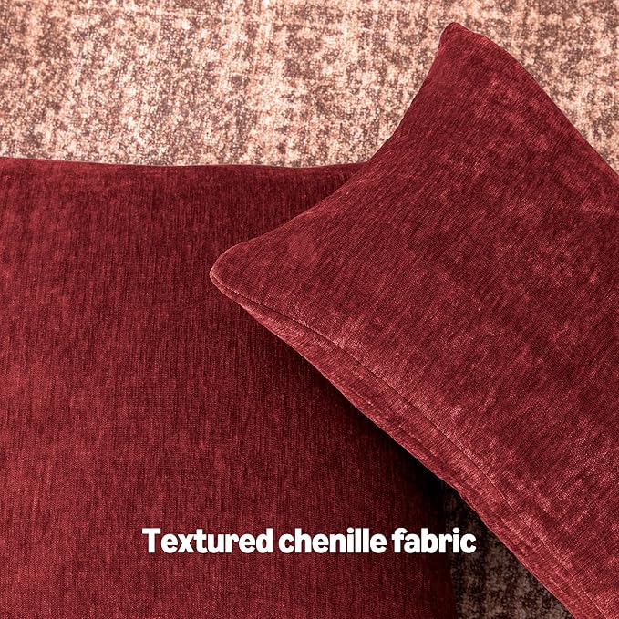 Amazon Basics Chenille Throw Pillow Covers, Home Decor Cushion Cover for Bedroom Living Room Couch Bed, 16" W × 16" L, Burgundy