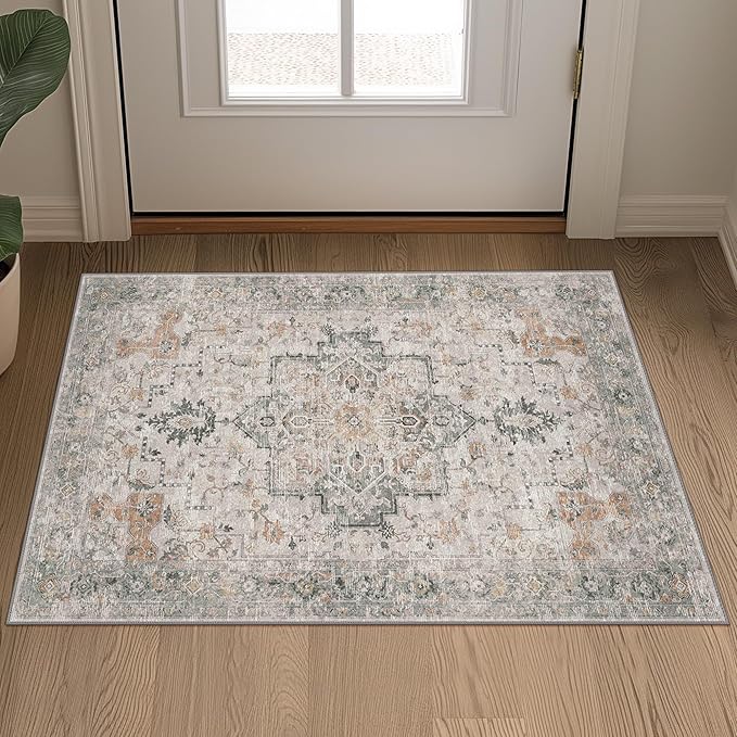 GENIMO Area Rug 2x3 Doormat, Machine Washable Low Pile Rugs, Small Retro Chenille Entryway Mat for Entrance, Hallway, Kitchen and Corridor, Light Taupe Brown