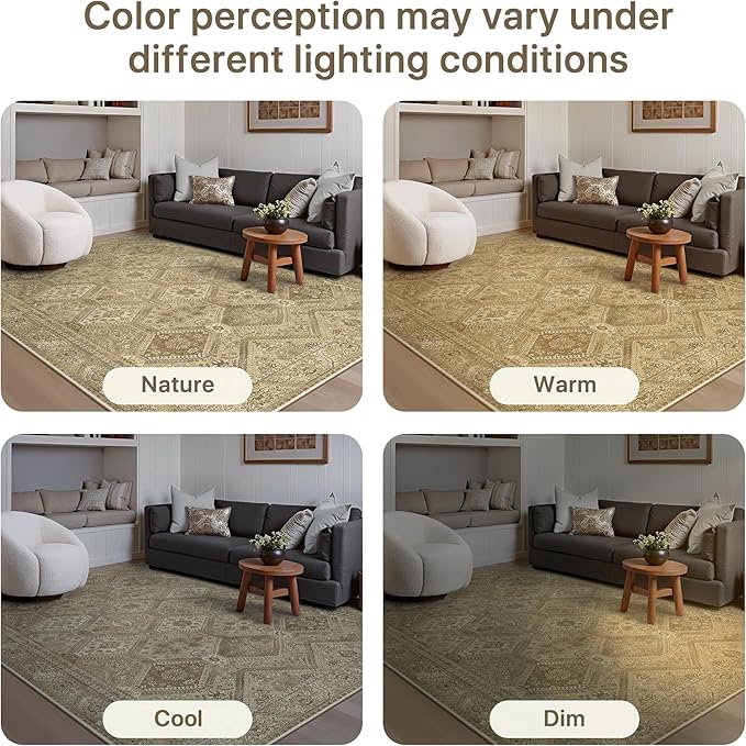 GENIMO 8x10 Area Rugs for Living Room, Machine Washable Non Slip Vintage Rugs, Low Pile Lightweight Print Rug for Bedroom, Dining Room, Home Office, Tan Brown