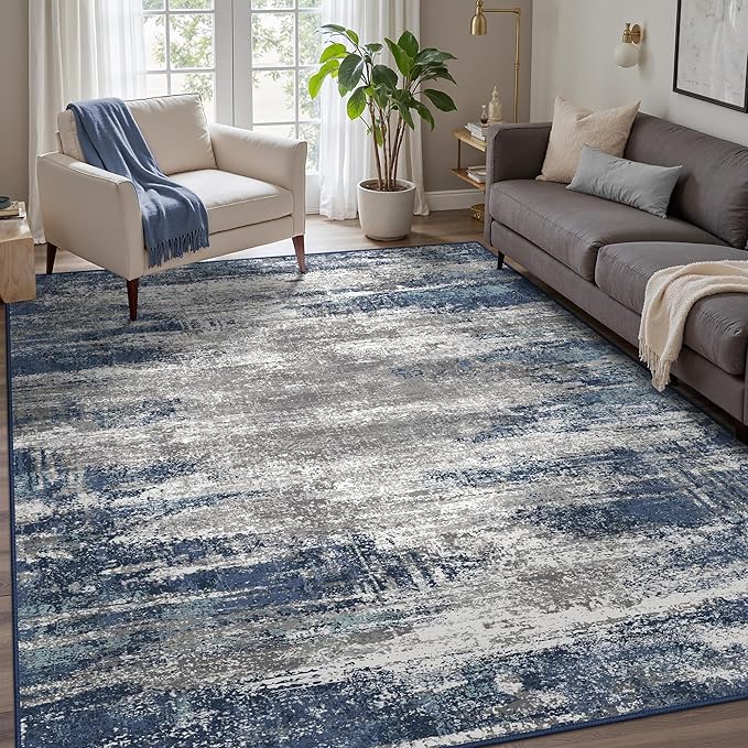 GENIMO 3x5 Area Rugs for Living Room, Machine Washable Non Slip Blue Rugs, Low Pile Lightweigt Modren Print Indoor Rug for Bedroom, Dining Room, Home Office, Blue Ivory