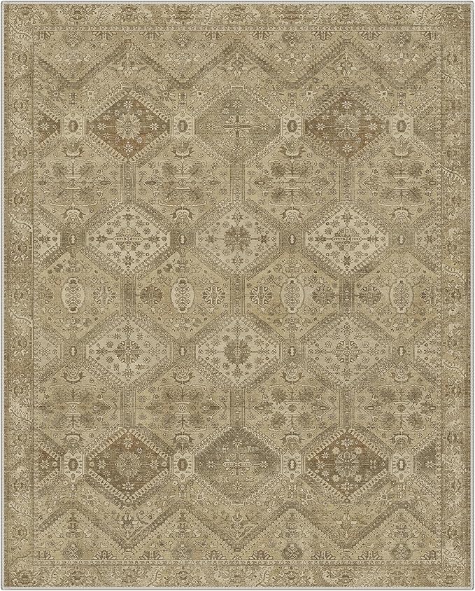 GENIMO 8x10 Area Rugs for Living Room, Machine Washable Non Slip Vintage Rugs, Low Pile Lightweight Print Rug for Bedroom, Dining Room, Home Office, Tan Brown