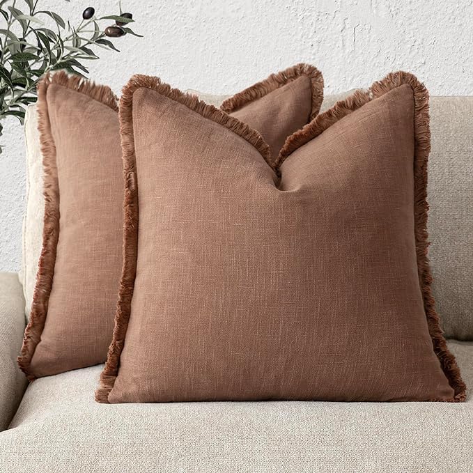 Foindtower Set of 2 Decorative Linen Fringe Throw Pillow Covers Cozy Boho Farmhouse Cushion Cover with Tassels Soft Accent Pillowcase for Couch Sofa Bed Living Room Home Decor, 26×26 Inch, Rust