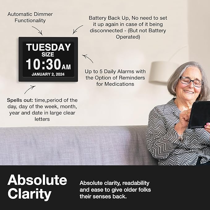 American Lifetime 【New 2024 Dementia Clock Large Digital Clock for Seniors, Digital Clock with Custom Alarms, Clock with Day & Date for Elderly, Large Number Digital Clock Mahogany, 15 Inches